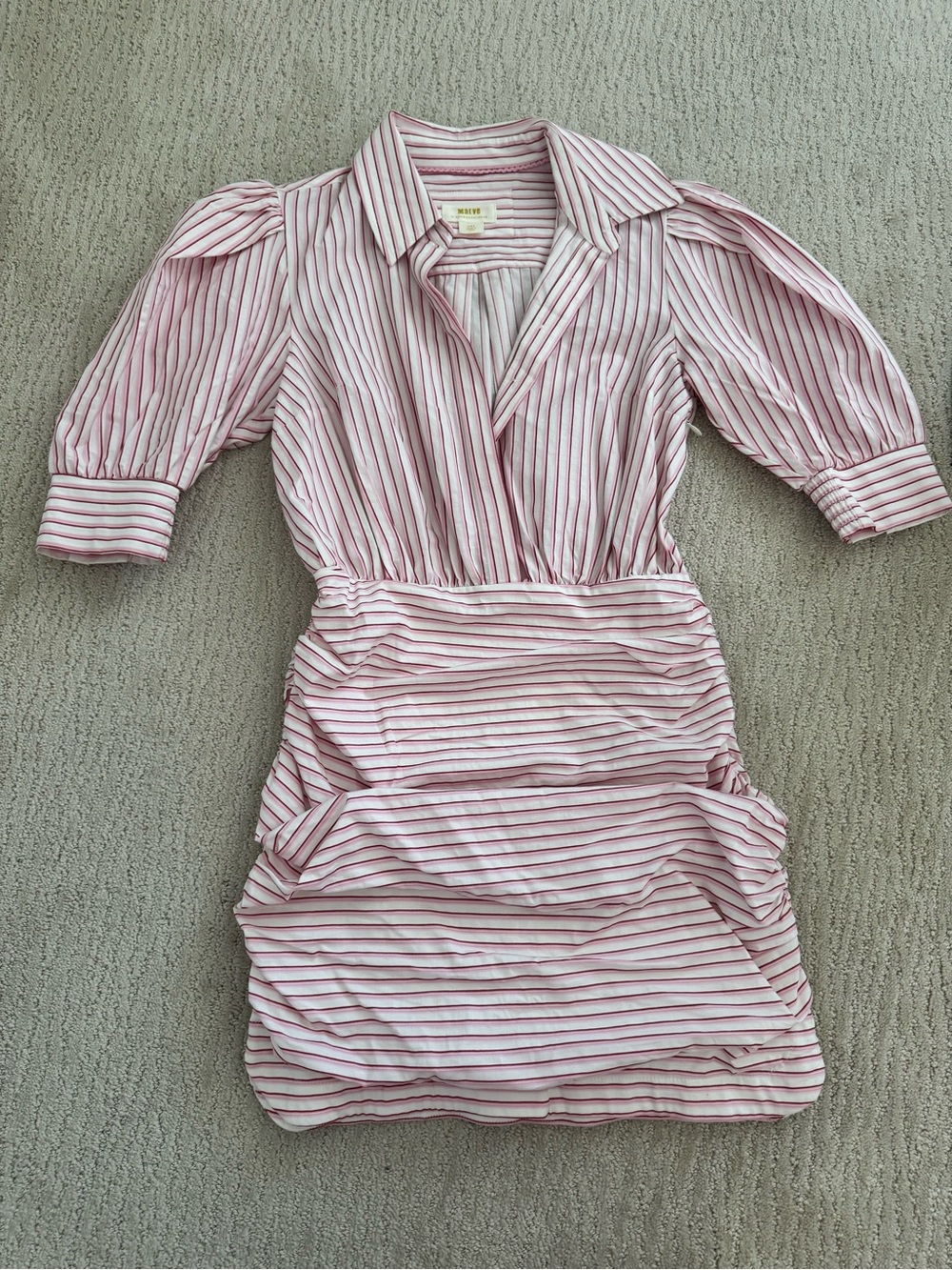 Anthropologie Pink and White Striped Puff-Sleeve Mini Dress
